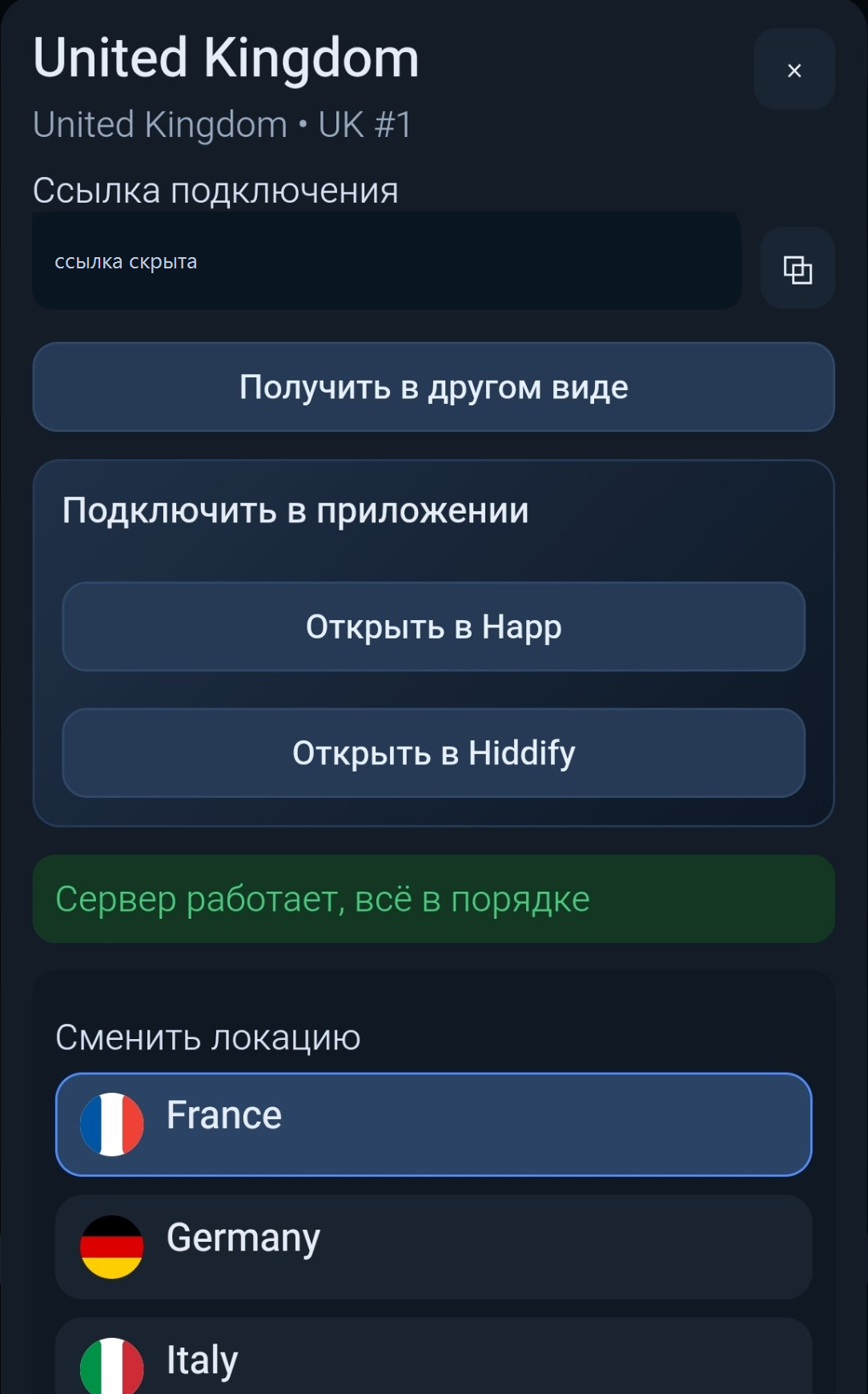Кнопка открытия конфига в Hiddify